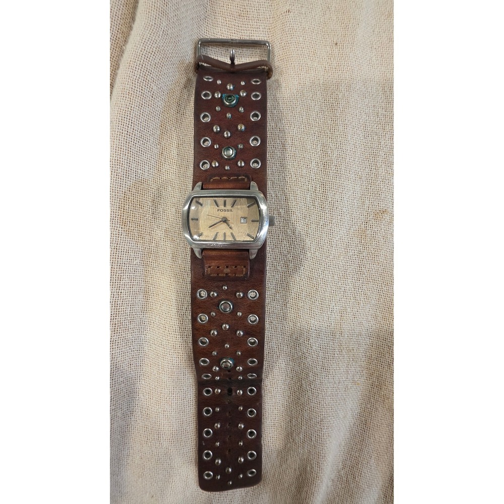 Fossil Vintage Brown Leather Studded Cuff Watch Silver Rectangular Face Date